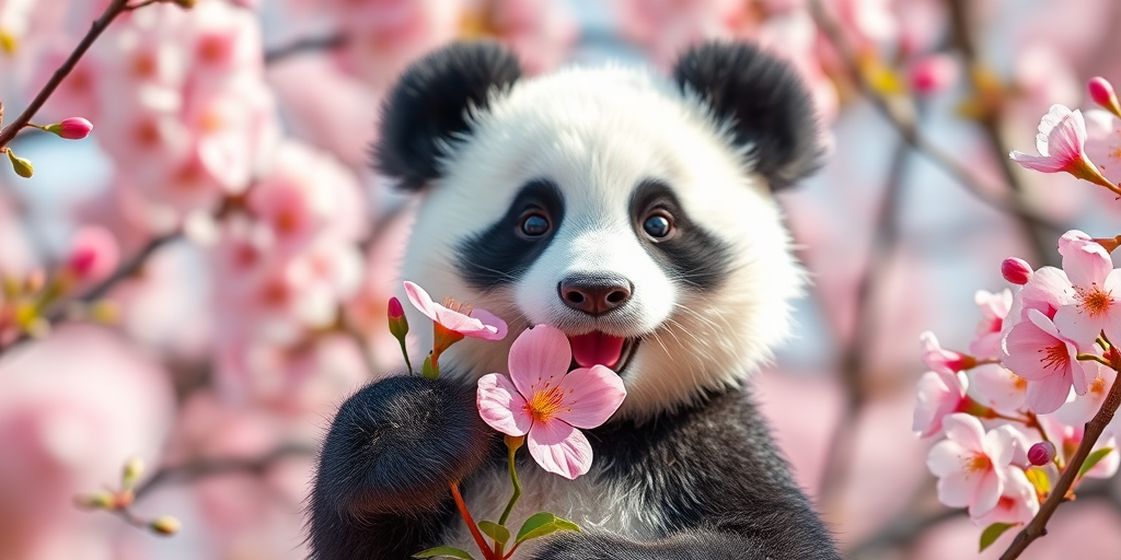 Create a high-resolution image of a cute cartoon panda holding a pink flower among cherry blossoms, captured with a Canon EOS R5, 50mm lens, aperture f/1.8, soft focus background, vibrant colors, natural light.