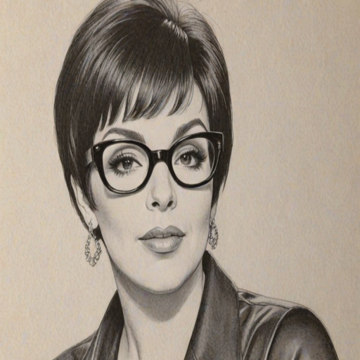 Fascinating Liza Minnelli, pencil sketch, portrait of Beauteous woman 1968s in glasses, hair style beatnik, outline, clear lines, fine lines, 8k