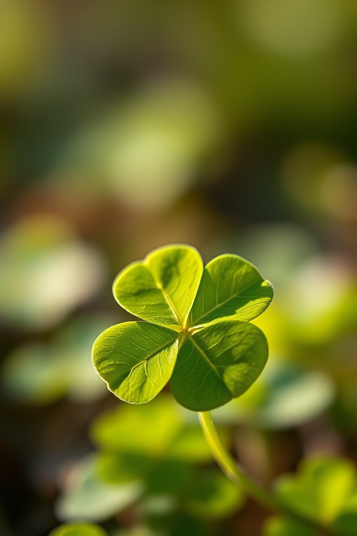 Regenerate a close-up image of a vibrant green four-leaf clover, soft bokeh background, DSLR camera, f/2.8 aperture, 50mm lens, ISO 100, natural sunlight illumination.