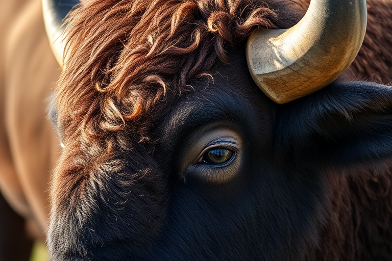 Regenerate a close-up image of a bison with a focus on its textured fur and prominent horns, shot with a DSLR camera at f/2.8, ISO 200, 50mm lens, natural light, shallow depth of field for a blurred background.