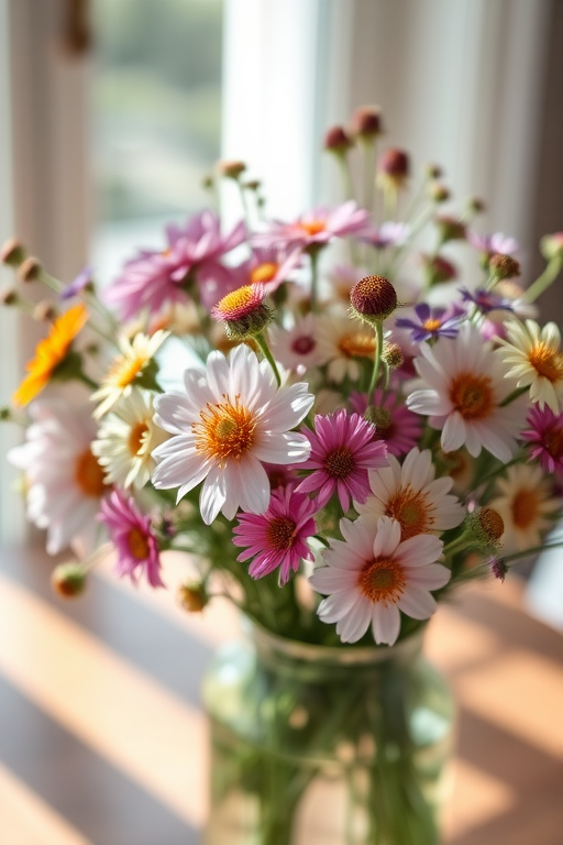 Close-up of a fresh bouquet of wildflowers in a glass vase, soft light from a nearby window illuminating the delicate petals and casting gentle shadows on the table.