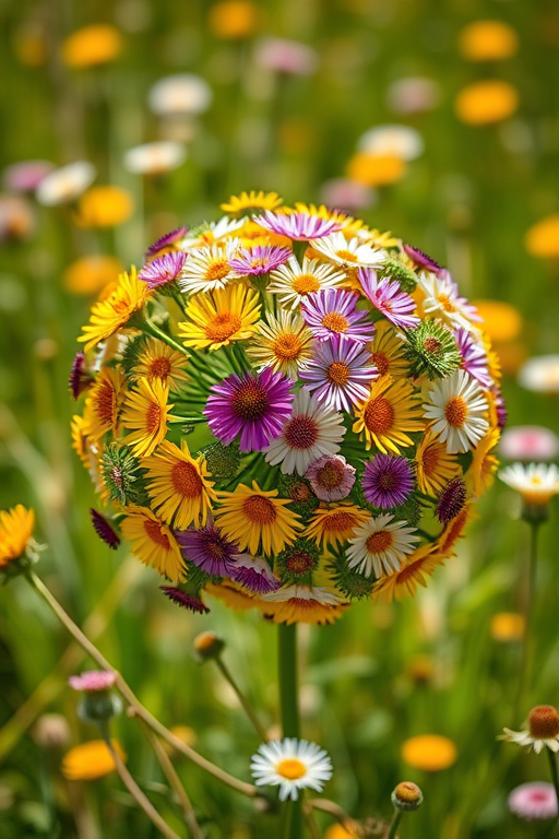 Create a vibrant macro shot of a spherical arrangement of wildflowers in a sunny meadow, using a Canon EOS 5D Mark IV with a 100mm f/2.8L macro lens, aperture set to f/4, shutter speed at 1/250s, ISO 100, with a wide-angle perspective for enhanced depth and clarity.