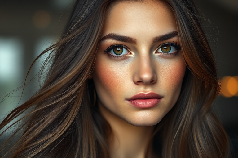 Create a portrait of a young woman with long, flowing hair and captivating eyes, shot with a Canon EOS R5, 85mm lens, f/1.2 aperture, ISO 100, in a well-lit studio with soft bokeh background lights for an ethereal effect.