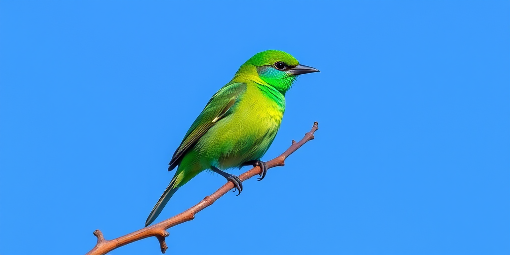 A vibrant green bird perched on a bare branch against a clear blue sky, with a Canon EOS R5 camera, 200mm focal length, aperture set to f/4, ISO 100, shot in natural light for optimal clarity.