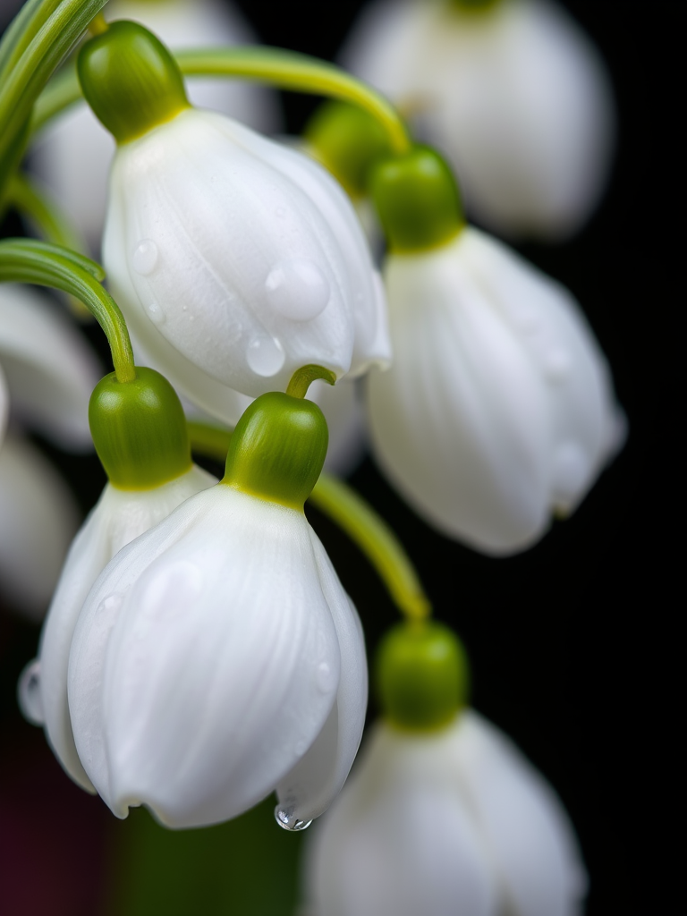 Capture a close-up shot of delicate white snowdrop flowers with green tips and droplets of water, using a macro lens at f/2.8 aperture, ISO 100, 1/200 sec shutter speed, with a black background, and a DSLR camera to enhance image quality.