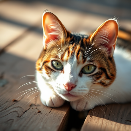 A close-up portrait of a calico cat lying on wooden planks, natural sunlight highlighting its fur, shallow depth of field, f/2.8 aperture, 50mm lens, ISO 100, shot with a DSLR camera in soft focus style.