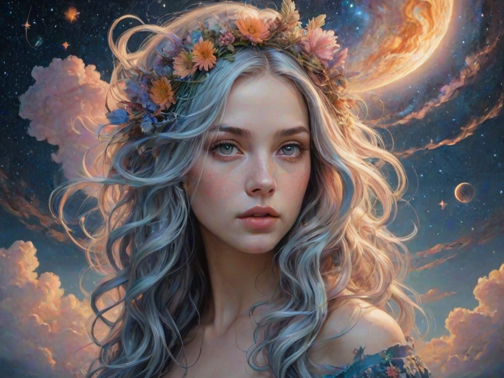 Create a series of imaginative portraits where each subject is infused with elements of fantasy and nature. The hair of the individuals should flow like clouds, varying from soft, fluffy cumulus to wispy cirrus strands, with hints of color reflecting a sunset or a clear blue sky. The eyes should be windows to entire galaxies, with stars, nebulae, and distant planets visible within them. Clothing should be adorned with nature motifs, such as floral patterns that bloom and change, vines that seem to grow and wrap around, or feathers that shimmer with iridescence. Each portrait should capture a unique personality, blending human features with the ethereal beauty of the natural and cosmic world. The backgrounds can vary, from starry night skies to enchanted forests, adding depth and context to the magical realism of the portraits
