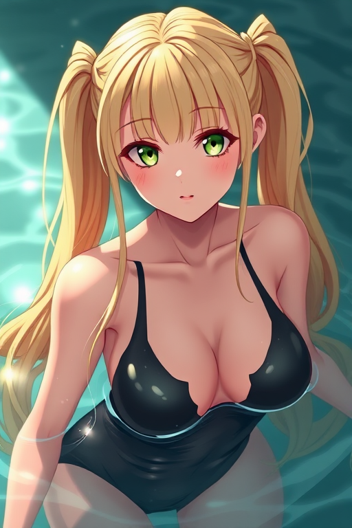 i want the whole image to be created in 3D anime style, 1girl, solo, long hair, breasts, looking at viewer, blush, bangs, blonde hair, twintails, medium breasts, green eyes, upper body, shiny, water, lips, wet, bodysuit, skin tight, partially submerged, freckles, takamaki anne
