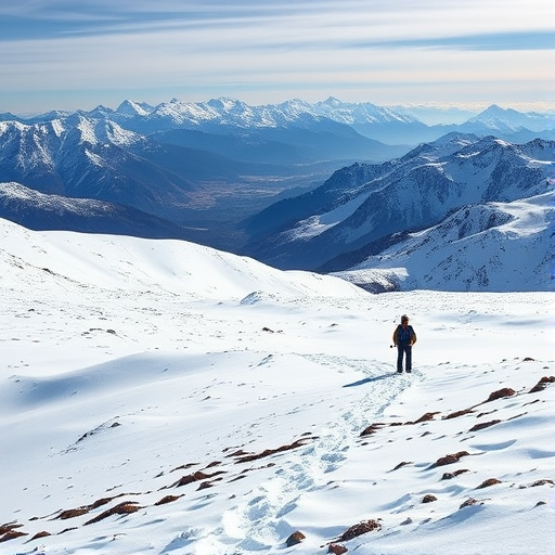 high-resolution landscape photo of a snowy mountain terrain with a lone hiker in the foreground, taken with a DSLR camera, 24mm lens, aperture f/8, ISO 100, shutter speed 1/200 sec, natural lighting, capturing a panoramic view of the mountains in the background