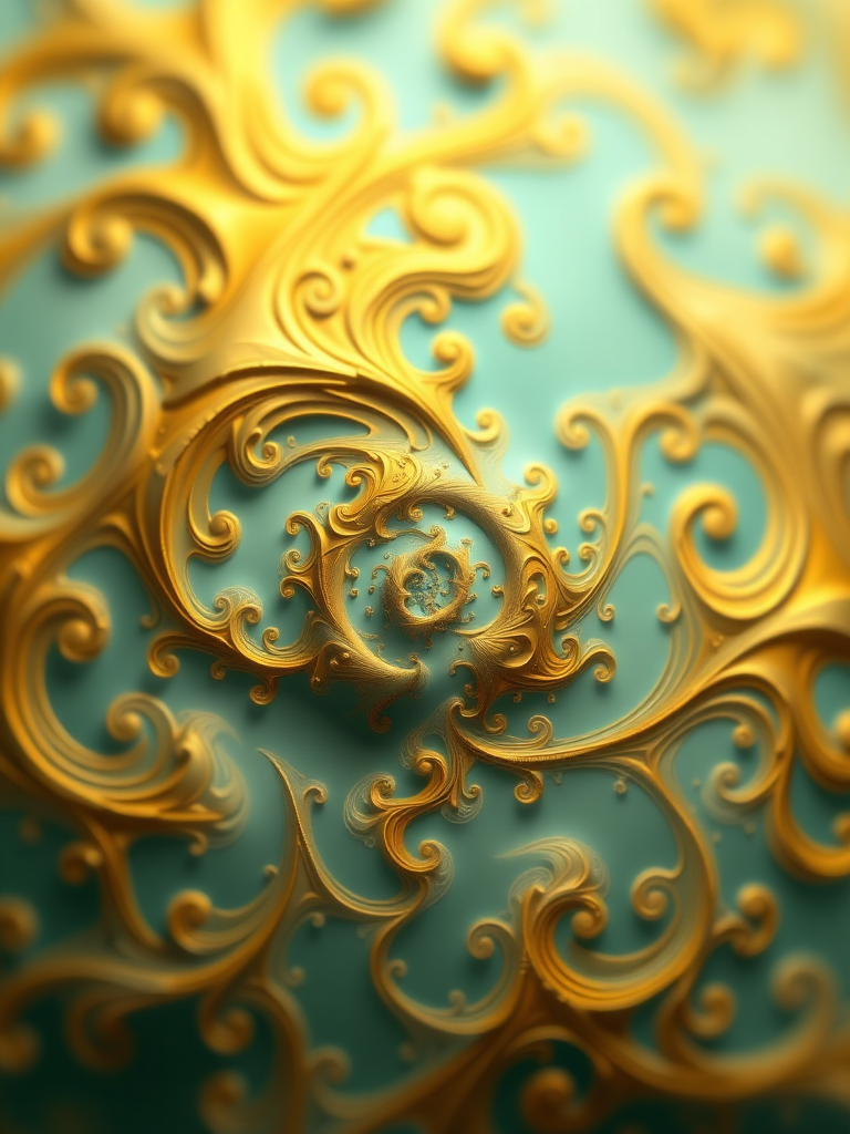 Generate a high-resolution abstract fractal image with swirling patterns in gold and teal, using a DSLR camera with a 50mm lens, aperture set at f/8, ISO 100, and a soft focus style to enhance depth and detail.