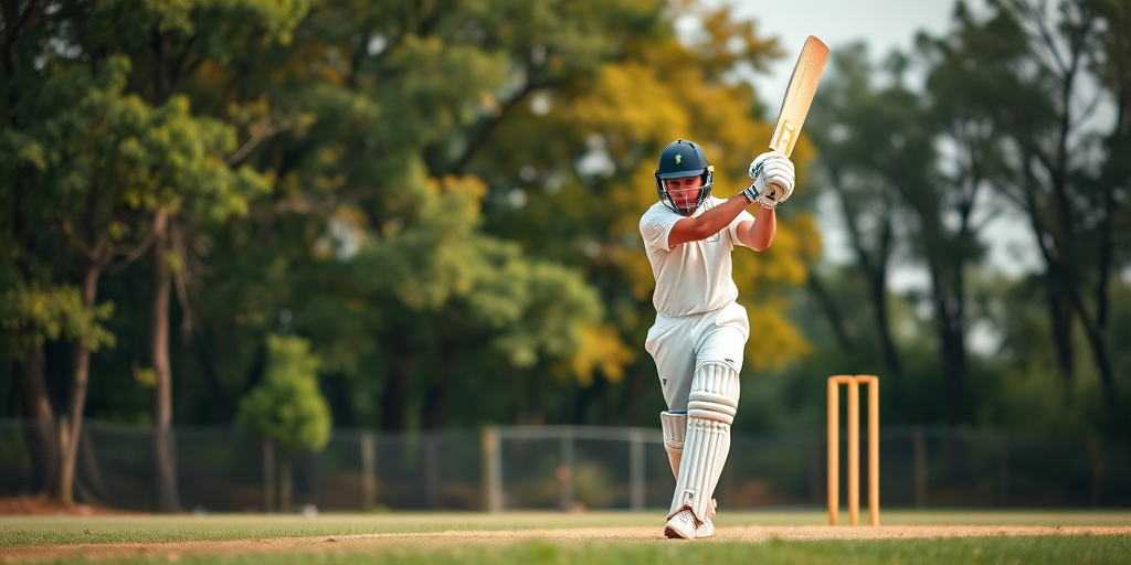 cricketer batting on an outdoor pitch surrounded by trees, shallow depth of field, ISO 200, f/2.8, 1/500s, 50mm lens, DSLR camera, vibrant colors, high detail