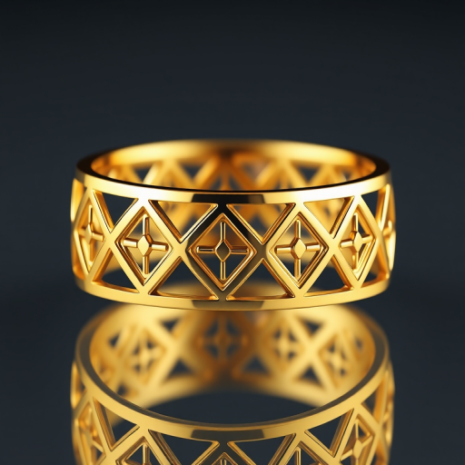 Create a high-resolution 3D render of a golden ring with intricate geometric patterns, shot from a slightly elevated angle, using a 50mm lens at f/2.8, with a softbox lighting setup to enhance reflections, in a digital studio environment.