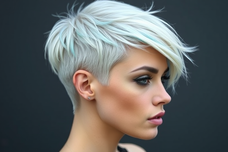 Striking platinum blonde pixie cut with edgy electric blue tips, Ice Queen Rebel design, showcasing razor-sharp layers and asymmetrical fringe, textured for maximum impact and effortless cool