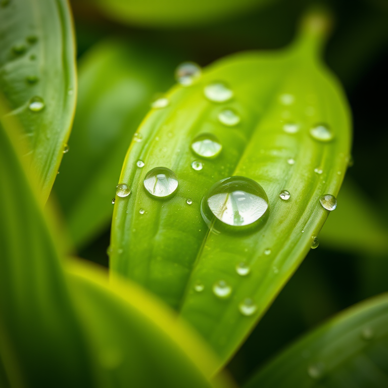 Close-up of vibrant green leaves with water droplets, shallow depth of field, soft natural light, macro lens, ISO 100, f/2.8, shutter speed 1/200 sec, Canon DSLR.