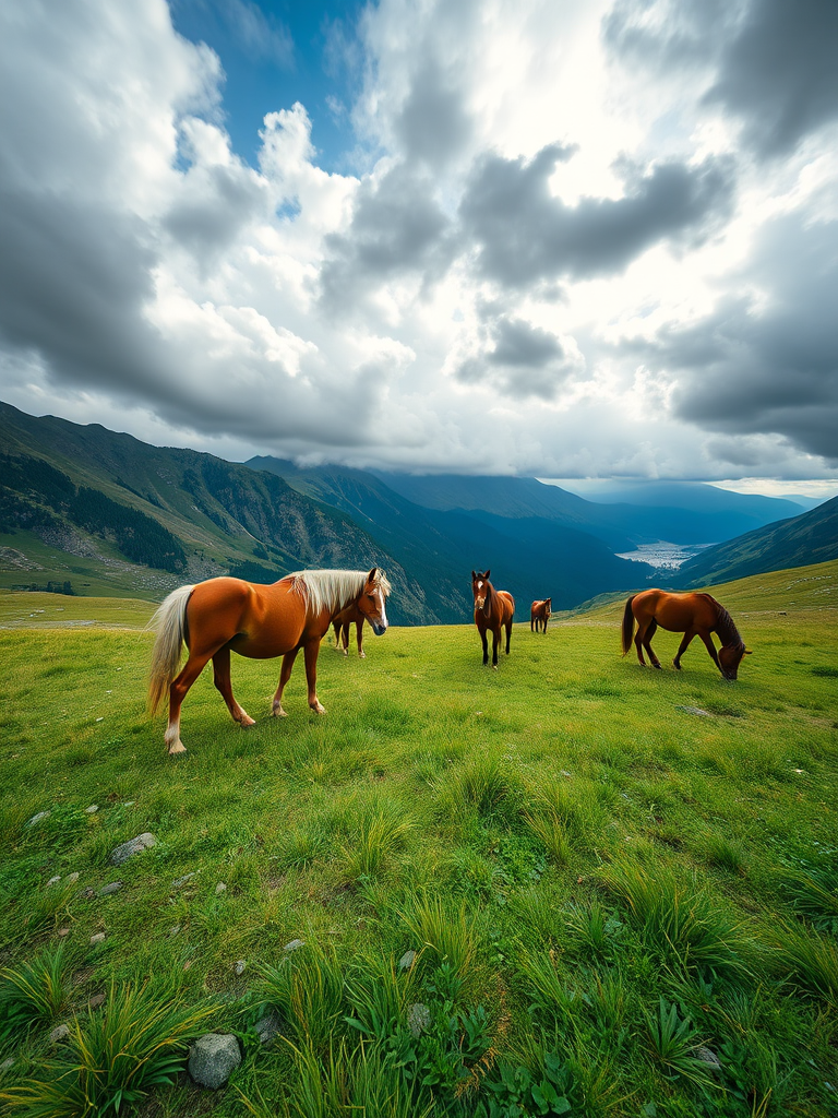 capture a wide-angle view of horses grazing on a mountain meadow under a dramatic cloudy sky use a DSLR camera with a 50mm lens aperture set to f/5.6 ISO 200 shutter speed 1/400s for sharp detail and vibrant colors