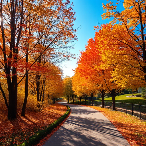 A picturesque autumn scene featuring a winding pathway bordered by vibrant trees adorned with orange and yellow leaves sunlight filtering through the branches creating a warm and inviting atmosphere fallen leaves scattered along the path and a clear blue sky in the background