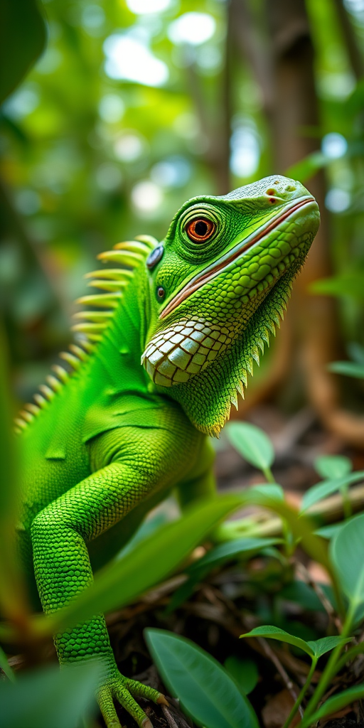 photograph a vibrant green iguana in a natural forest setting using a Canon EOS 5D Mark IV with a 100mm f/2.8 Macro lens at f/4, ISO 200, and 1/200 sec shutter speed for optimal detail and color, shot from a low angle to emphasize the texture of the iguana and surrounding foliage.