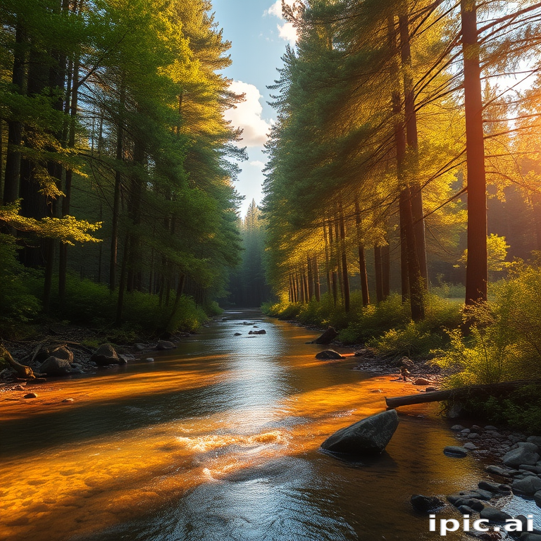 Create an image of a serene, sunlit forest scene with a clear, gently flowing river. Tall trees with lush green foliage line both sides of the river, their leaves bathed in the warm golden light of the setting or rising sun. The sunlight filters through the trees, casting soft, dappled light on the river, which flows over smooth rocks and pebbles, creating a peaceful, natural atmosphere. The sky is bright with a few scattered clouds, and the overall mood is tranquil, evoking a deep sense of connection with nature. The image captures the beauty of a calm, pristine forest landscape at either dawn or dusk.