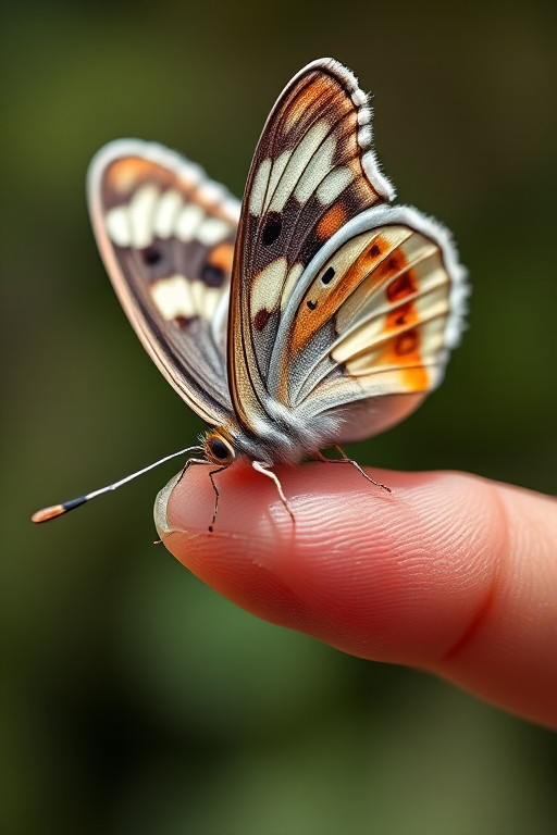macro shot of a butterfly resting on a finger with detailed focus on the wings and textures, natural lighting, aperture f/2.8, ISO 100, shutter speed 1/200s, DSLR camera, shallow depth of field, 50mm lens