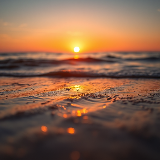 capture a serene sunset over a calm ocean with shimmering waves reflecting golden light on the wet sand using a DSLR camera with a 50mm lens at f/1.8, ISO 200, shutter speed 1/200 sec, shot from a low angle to emphasize the water's surface and create a dreamy bokeh effect