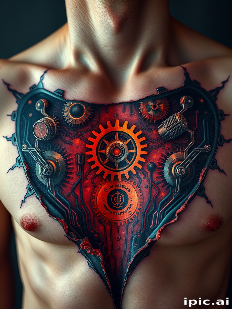 Realistic 3D biomechanical tattoo on the chest, revealing mechanical gears and circuits beneath torn skin, using hyper-realistic shading and color gradients to create a mind-bending illusion