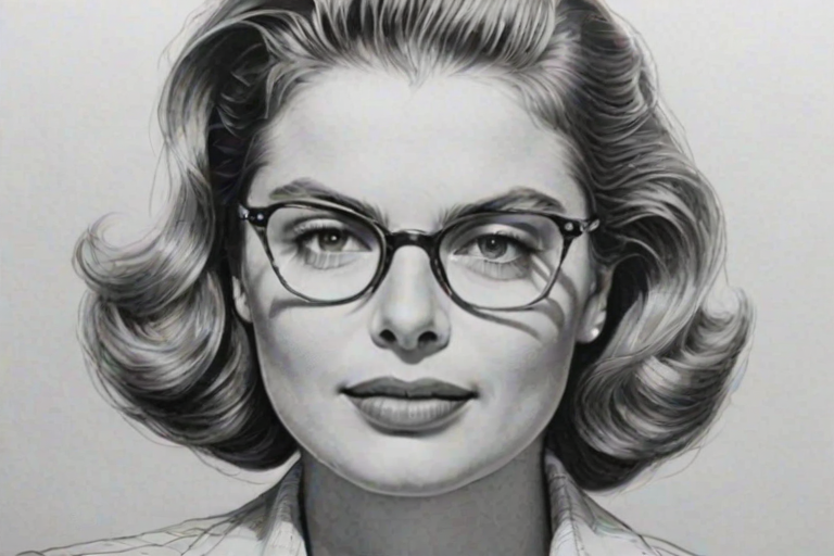 Sublime Ingrid Bergman, pencil sketch, portrait of Wonderful woman 1976s in glasses, hair style beatnik, outline, clear lines, fine lines, 8k