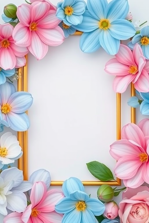 Regenerate a vibrant floral frame design featuring pastel blue and pink flowers around a golden rectangle, using a Canon EOS R5 with a 50mm f/1.8 lens, aperture set to f/2.8, ISO 100, at a close-up angle for enhanced detail and clarity.