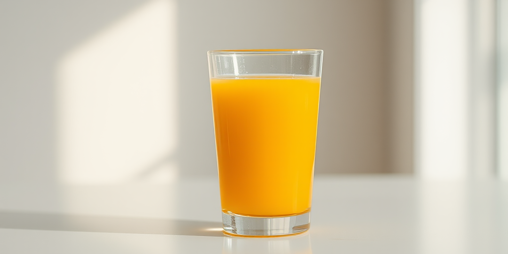 Create a realistic image of a clear glass filled with orange juice, using a 50mm lens at f/2.8, with a shallow depth of field, shot in natural light with a minimalist background.