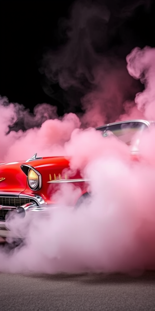 Classic red 1957 Chevy car with smoke and flames in dynamic action pose, shot with a DSLR camera at f/8, ISO 100, 24mm lens, wide-angle view to enhance depth and detail, vibrant colors and sharp focus for high-quality image.