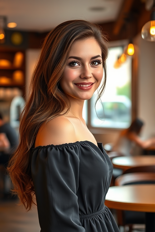 beautiful detailed photograph, brown hair cascading over her shoulders, wearing a dress, standing in cafe looking at the viewer, smiling