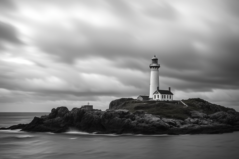 Capture a dramatic black and white image of a lighthouse on a rocky island under a moody sky, using a full-frame DSLR camera, 24mm lens, f/11 aperture, ISO 100, with a long exposure to enhance cloud movement and water texture.