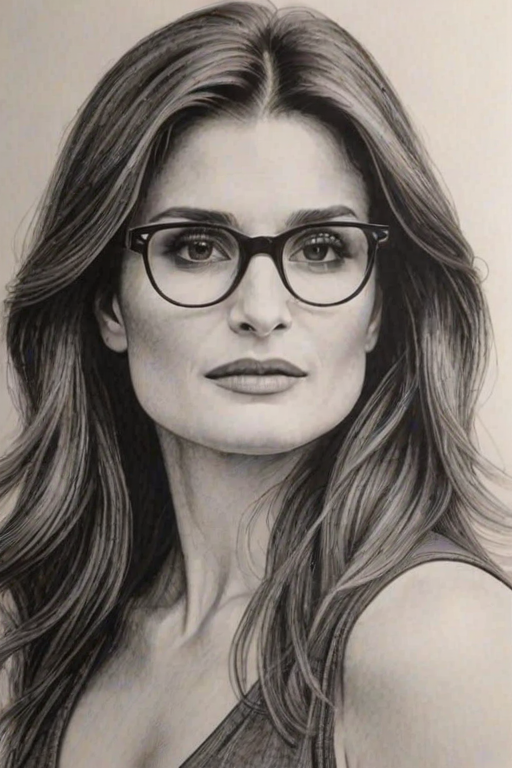 Stunning Idina Menzel, pencil sketch, portrait of Comely woman 1978s in glasses, hair style beatnik, outline, clear lines, fine lines, 8k