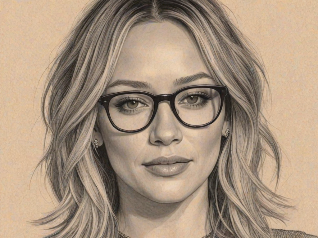 Splendid Hilary Duff, pencil sketch, portrait of Splendid woman 1926s in glasses, hair style beatnik, outline, clear lines, fine lines, 8k