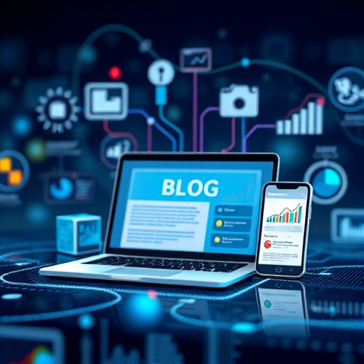 Create a high-resolution digital illustration depicting interconnected technology concepts, including a laptop displaying a blog, a smartphone with social media graphics, and data analytics charts, using a DSLR camera with 50mm lens at f/1.8, ISO 100, and a soft focus background for enhancement.