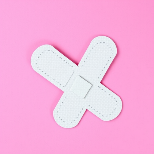create an illustration of two overlapping adhesive band-aids on a pink background, using a DSLR camera, with a 50mm lens at f/2.8, ISO 100, natural lighting for clarity and depth, capturing a flat lay perspective to enhance color vibrancy and detail