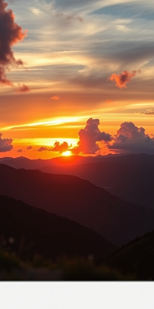 Create a high-quality image of a sunset over mountains with dramatic clouds, using a DSLR camera at f/8 aperture, ISO 100, shutter speed 1/200s, shot from a low angle with a wide-angle lens at 24mm.