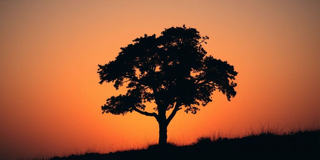 Create a highly detailed illustration of a black silhouette of a tree, captured with a DSLR camera at f/2.8 aperture, ISO 100, 1/250 shutter speed, taken from a low angle with a shallow depth of field against a gradient sunset background.