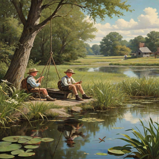 Imagine a small group of old fashioned young boys out fishing by the creek, a swing hanging from a tree branch, reeds and grasses by the water's edge, a frog sitting on a lily pad, dragonflies hovering over som water plans, a very iconic old fashioned scene reminiscent of a Norman Rockwell painting style