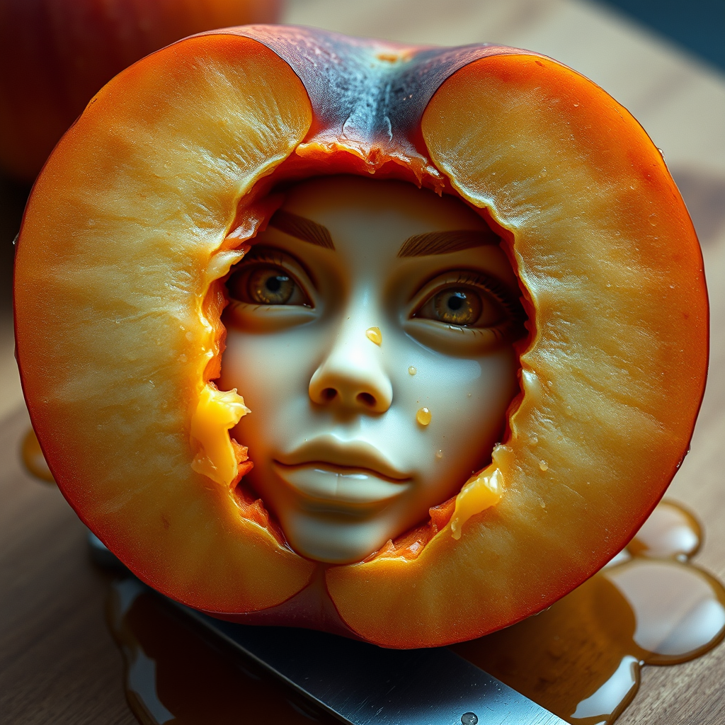 A hyperdetailed photorealistic macro color saturated high resolution image of a peach cut in half, with the peach pit being a highly detailed sculpted woman's face with her eyes open and peach-colored irises. The face has a marble texture. The image includes condensation, moisture, and peach juice. The peach is on a wooden cutting board with a small fruit knife nearby, also covered with juice.