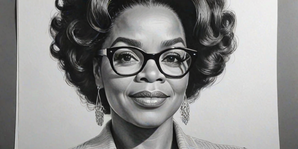 Beautiful Oprah Winfrey, pencil sketch, portrait of beautiful woman 60s in glasses, hair style beatnik, outline, clear lines, fine lines, 8k
