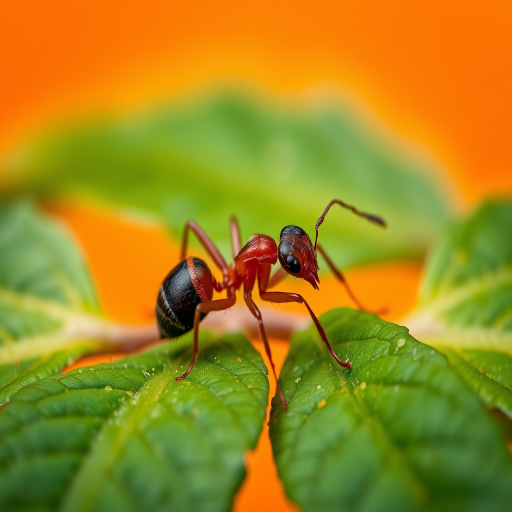 macro shot of an ant on green leaves with a blurred orange background, aperture f/8, ISO 100, shutter speed 1/200s, 100mm lens, DSLR camera, natural lighting