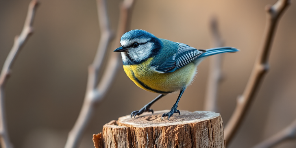 A close-up shot of a blue tit perched on a wooden stump, with a blurred background of dried branches, taken with a Canon EOS 5D Mark IV, 85mm lens, f/2.8 aperture, ISO 200, natural light for enhanced detail and color vibrancy.