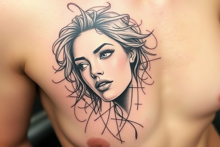 Sketch-style tattoo artwork called "Artist's Muse" using loose expressive lines and crosshatching techniques to create a dynamic design that resembles a pencil drawing brought to life on the skin