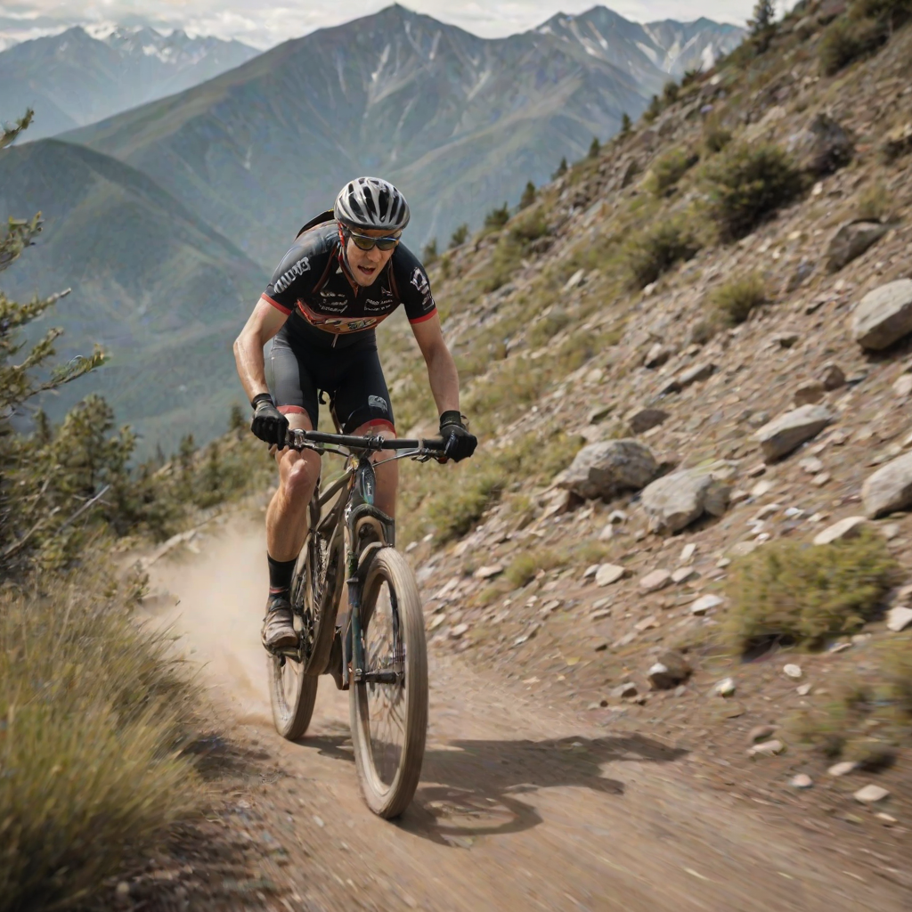 Blurry action shot of a cyclist racing down a mountain trail, dirt kicking up behind them, soft focus on the intense concentration on their face, distant mountains in the background, and the sense of speed and thrill.