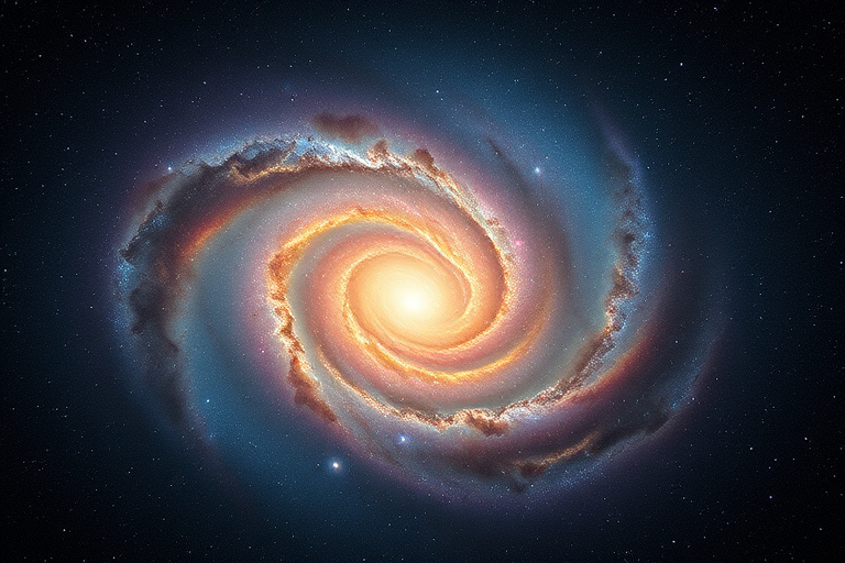 A vibrant and detailed image of a swirling galaxy with a bright core and surrounding colorful nebulae in deep space, captured at night with a Canon EOS R5 using a 50mm lens, f/1.8 aperture, ISO 800, 30-second exposure, shot in astrophotography style for enhanced clarity and depth.
