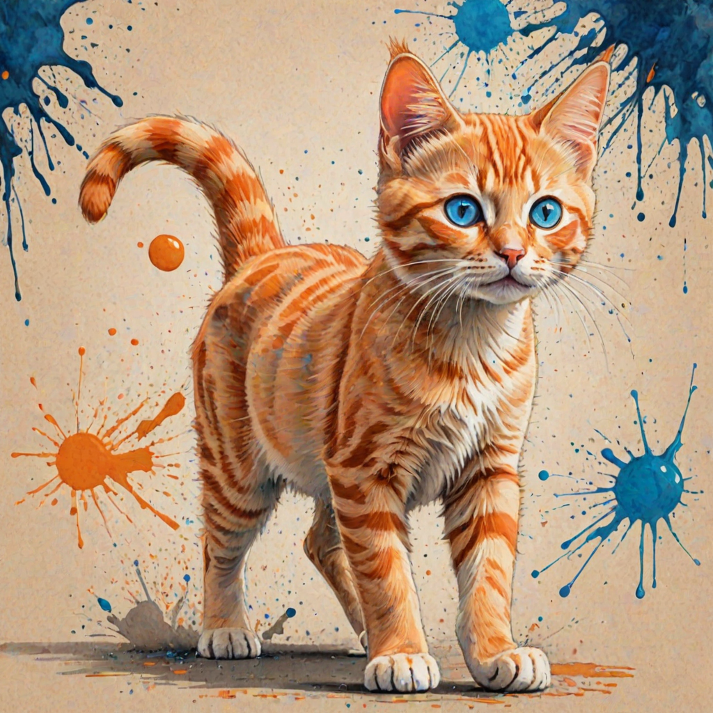 A vibrant childs coloured pencil drawn illustration of a bright orange cat with large, expressive blue eyes, a very cute style. The cat appears to be walking towards the viewer, surrounded by an abstract splash of colors and fine black lines, giving the image a dynamic and artistic flair. The background is a soft beige, highlighting the cat's vivid coloration and playful demeanor. Naively drawn scratchy line style.
