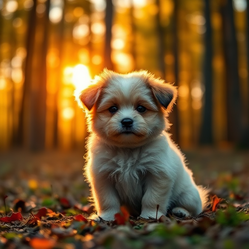 Generate an image of a small fluffy dog sitting in a sunlit forest during golden hour with warm light filtering through trees, using a DSLR camera with a 50mm lens at f/1.8, ISO 100, and a shallow depth of field for a bokeh effect.