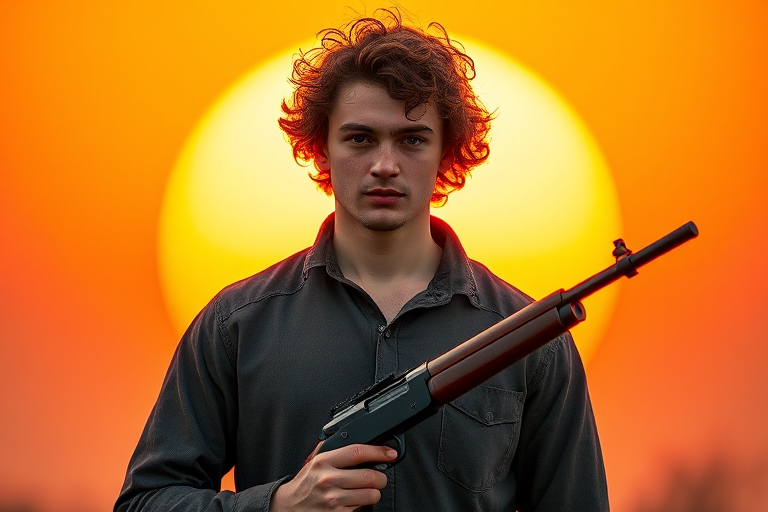 A portrait of a young man with curly hair standing against a large orange sun, holding a vintage rifle, shot with a Canon EOS R5, 50mm lens, f/1.8, ISO 100, soft focus background, high dynamic range.