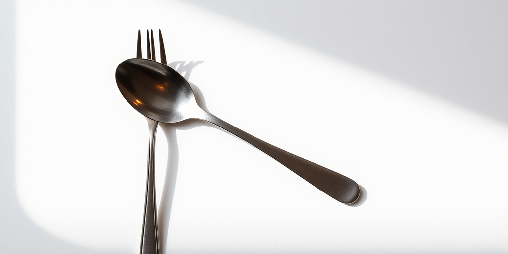 Generate a high-resolution image of a fork, spoon, and knife arranged vertically on a white background, using a DSLR camera with a 50mm lens at f/2.8, ISO 100, and a soft natural light setup to enhance shadows and details.
