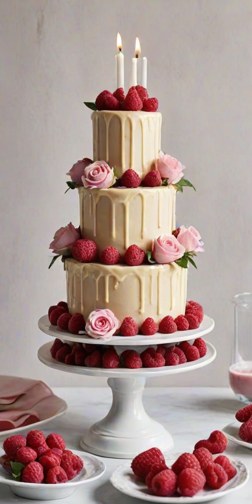 Create an elegant three-tiered cake adorned with fresh raspberries and delicate pink roses. Incorporate a glossy raspberry sauce dripping down the tiers. Place the cake on a white plate with a minimalist background featuring tall white candles for a sophisticated touch.